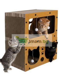 Драскалка за котки двуетажна къща легло с играчки неплъзгащо се